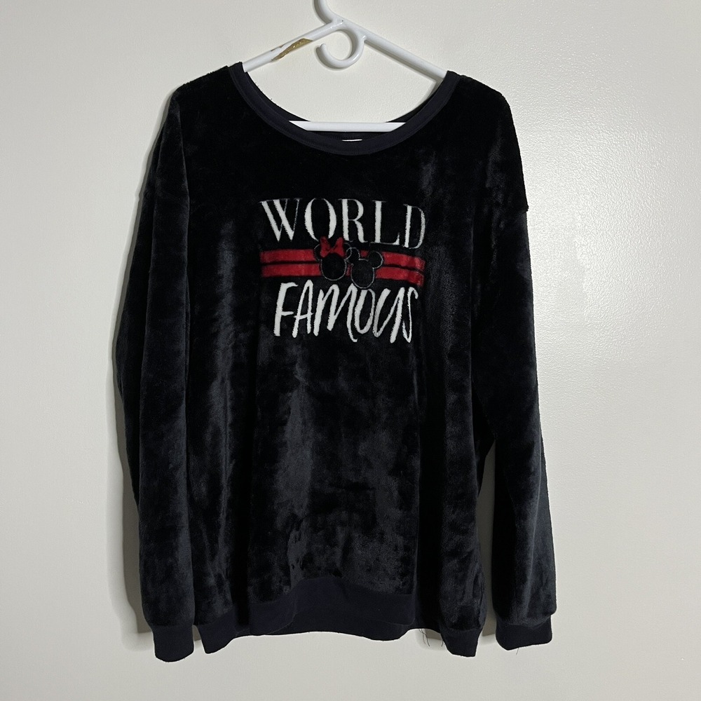 Disney Sweatshirt Women 2X Black Graphic Mickey Minnie Mouse Faux Fur Fleece
